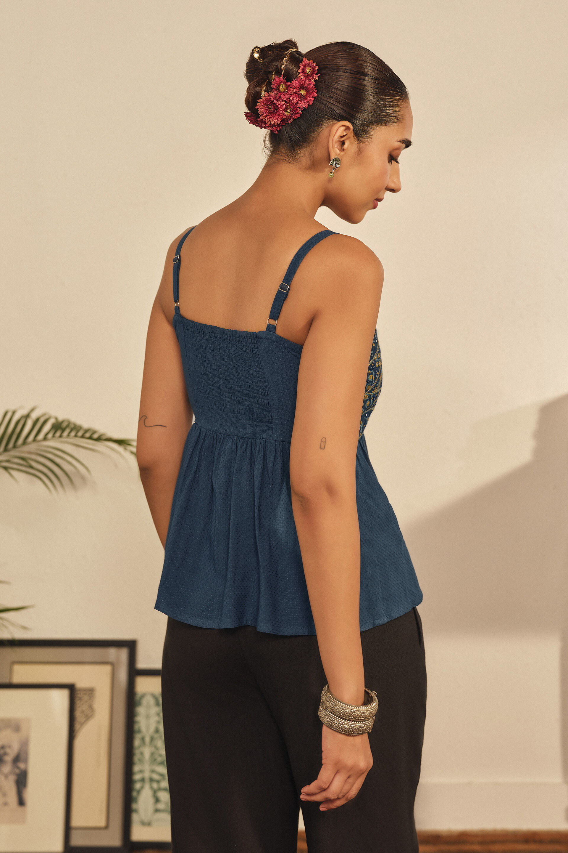 Embroidered Strappy Peplum Top in Teal, Teal, image 3